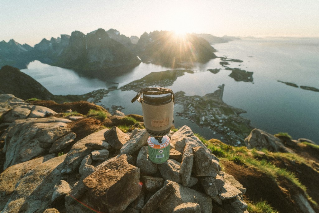 View from the summit of Reinebringen over Reine village and the Lofoten Islands fjords, Norway