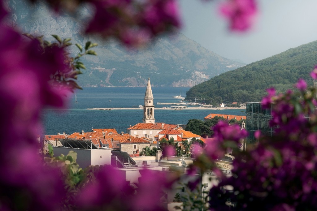 Aerial view of Hvar old town fortress and harbour, Croatia, at sunset