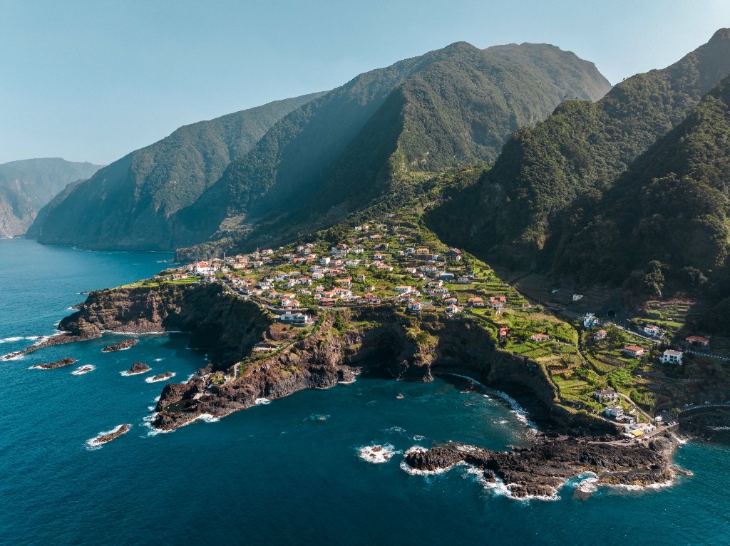 Aerial view of Cabo Girão sea cliff and coastline, Madeira, Portugal